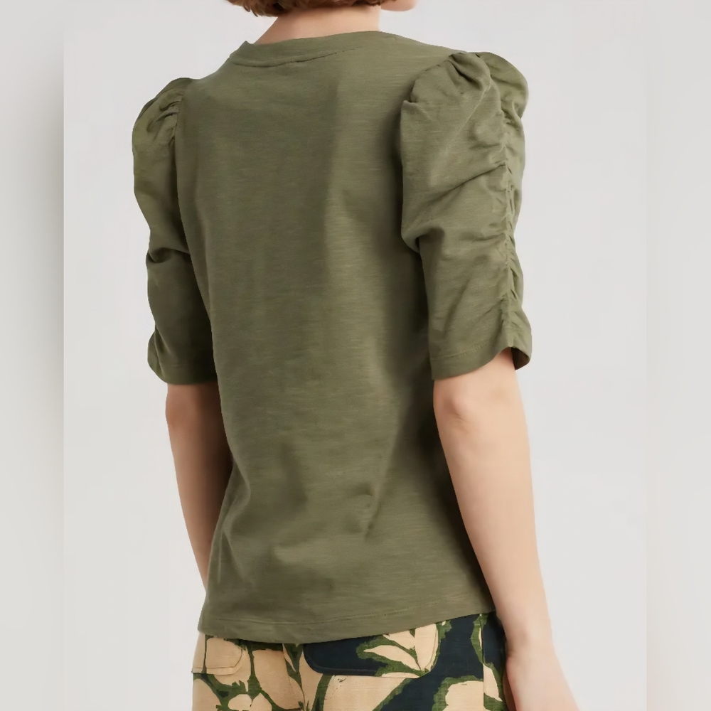 Democracy Cinched Sleeve Cotton V-Neck Top -GREEN -SMALL **NEW - Picture 3 of 13
